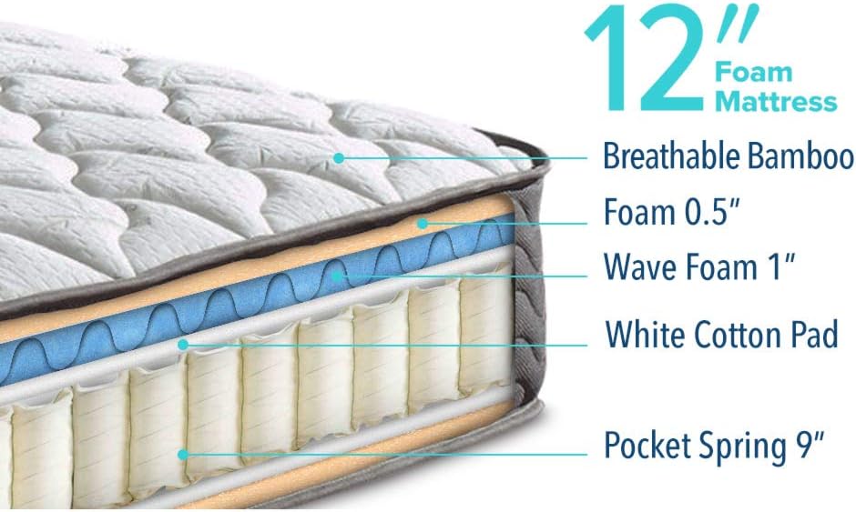 Swiss Ortho Sleep, 12 Inch Certified Independently  Individually Wrapped Pocketed Encased Coil Pocket Spring Contour Mattress - Full, White